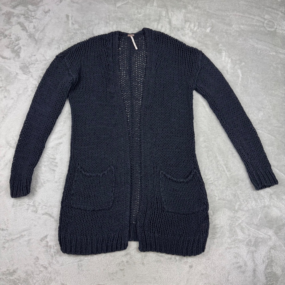 Free People Women's S Navy Blue Chunky Knit Long Open Front Cardigan Pockets